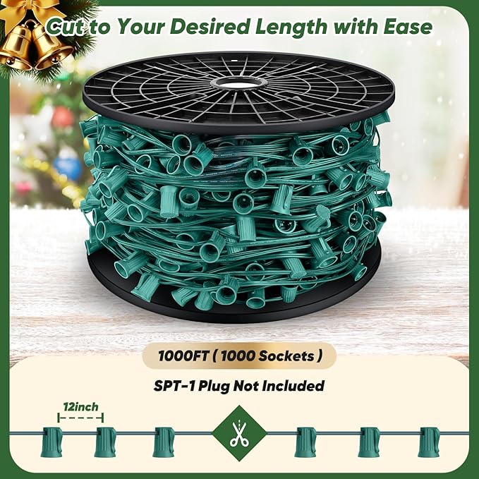 BesLowe Commercial 1000 FT C9 Cut to Length Christmas Lights Outdoor，E17 Sockets C9 Stringer Christmas Light Spool, C9 Sockets Patio String Light Strands, 12 Spacing Green Wire Christmas Lights
