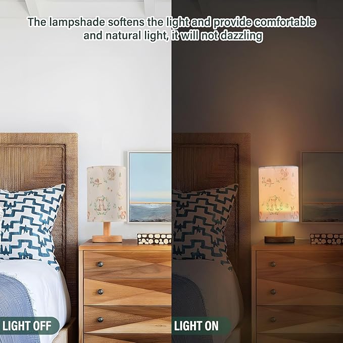 Bedside Table Lamp Woodland Animals Nightstand Lamp with Wood Forest Rabbit Deer Hedgehog Floral Desk Lamps for Bedroom Living Room Nursery Office Home Decor