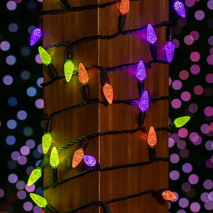 ‎‎‎Novelty Lights 24FT 70 LED C6 LED Halloween String Lights, Outdoor Christmas Tree Commercial Grade LED String Lights, Christmas Lights Outdoor Tree Decorations Outdoor (Purple/Orange/Lime)