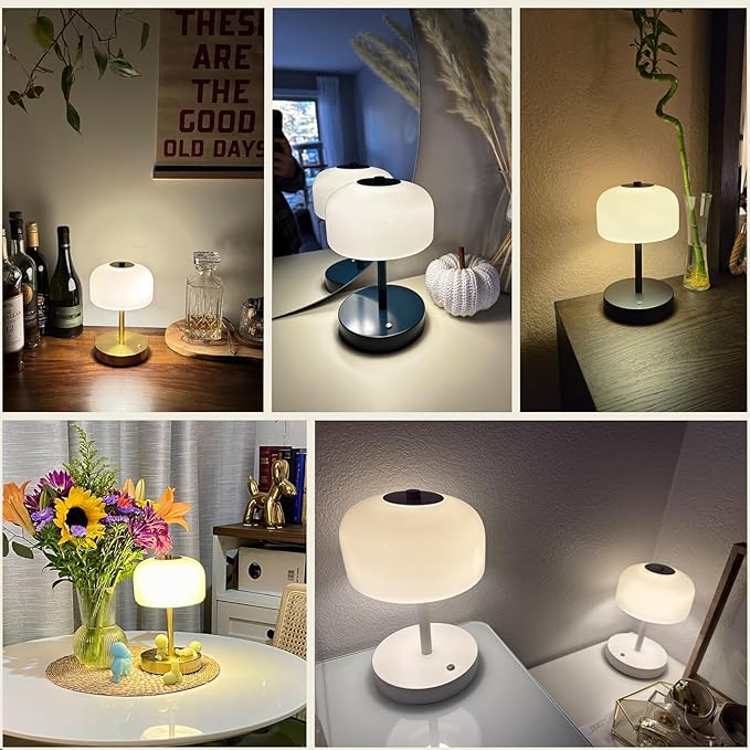 Oneach 9" Cordless LED Mushroom Table Lamp Touch 3 Way Dimmable Bedside Small Lamp Battery Operated Rechargeable Modern Nightstand Desk Lamp for Bedroom Living Room Restaurant White(2 Pack)
