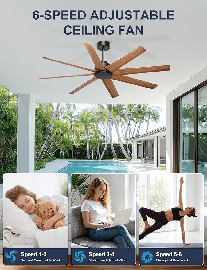 Ohniyou 60'' Ceiling Fan No Light - 8 Blades Modern Farmhouse Ceiling Fan Remote/APP Control, Covered Outdoor Ceiling Fan for Patio, Living Room, Black+Wood Color