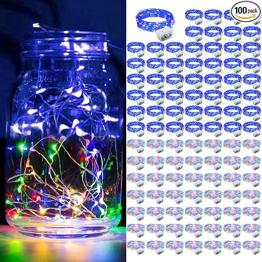 100 Pack Fairy Lights 7Ft 20 LED Twinkle String Lights Battery Operated Waterproof Firefly Starry for Mason Jar Party Wedding Christmas Valentines Day,Rainbow + Blue