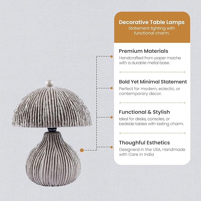 Handicrafts Home Handcrafted Paper Mache Table Lamp, 11x12.5” Modern Farmhouse Accent Table Lamp, Decorative Dome Bedside Nightstand Lamp for Bedroom Living Room, Small Sculptural Desk Light, Mush