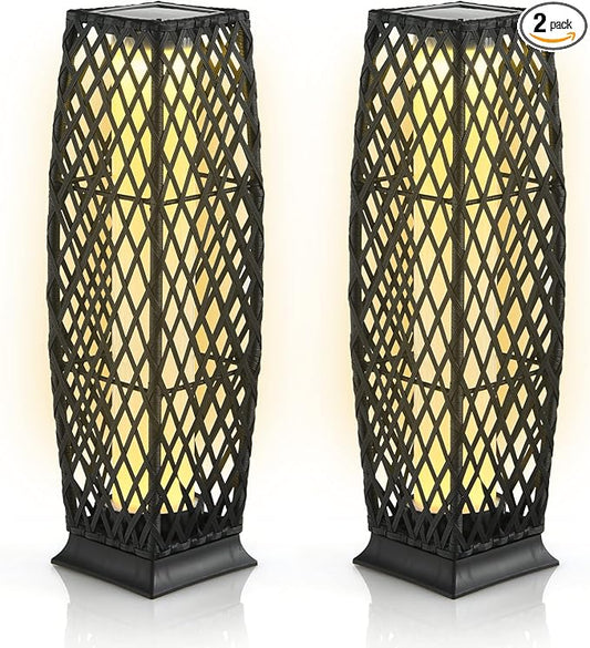 Tangkula 2 Pieces Outdoor Solar Powered Floor Lamps, IP65 Waterproof Wicker Floor Lamps with Auto On/Off LED Light, Outdoor Decor Lanterns for Garden Porch Pool Pathway Driveway (Diamond-Black)