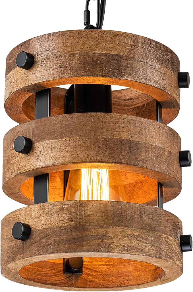 Farmhouse Dining Room Light Fixture, Retro Industrial Metal and Wood Chandelier, Rustic Pendant Lights Kitchen Island for Foyer Hallway Bar Restaurant, D 7.9" x H 8.7"