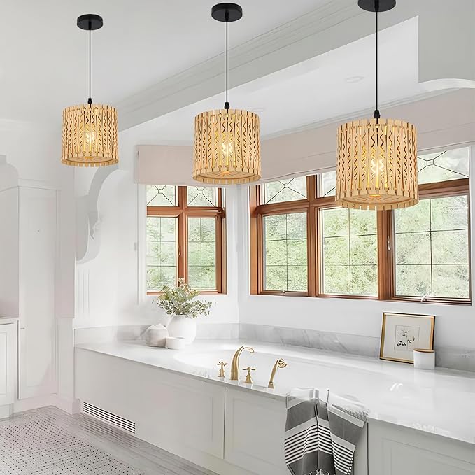 Farmhouse Natural Wood Drum Pendant Light, 1-Light Rural Ceiling Hanging Lamp Lighting Fixture with 7" Lampshade, Boho Chandelier for Kitchen Island Hallway Dining Room