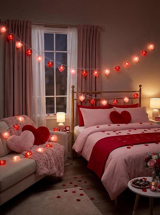 8.5Ft Red and Pink Heart String Lights,10 LED 3D Glitter Hearts Plug in Fairy Heart Shape Lights,Connectable Valentine's Day Decorations for Bedroom,Window,Wedding,Anniversary,Indoor Outdoor