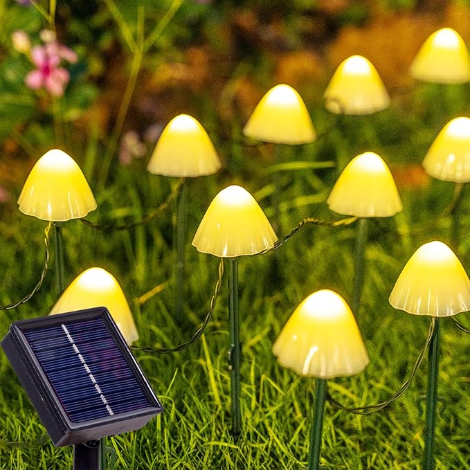 20 LED Mushroom Solar String Lights Outdoor, 8 Modes Decorations Garden Lights Waterproof, Solar Fairy String Light for Outside Patio Pathway and Yard, Warm White