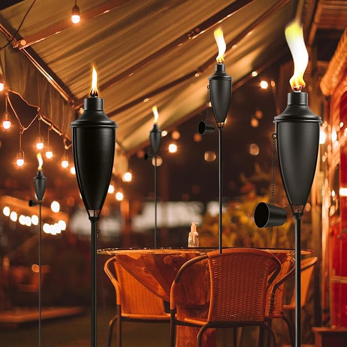 Home Garden Torch Set of 6, Large Capacity 22oz Outdoor Metal Torch Garden Décor,61-Inch Upgraded Citronella Torches with 3-Prong Grounded Stake, Table Top Torches for Party Patio Pathway
