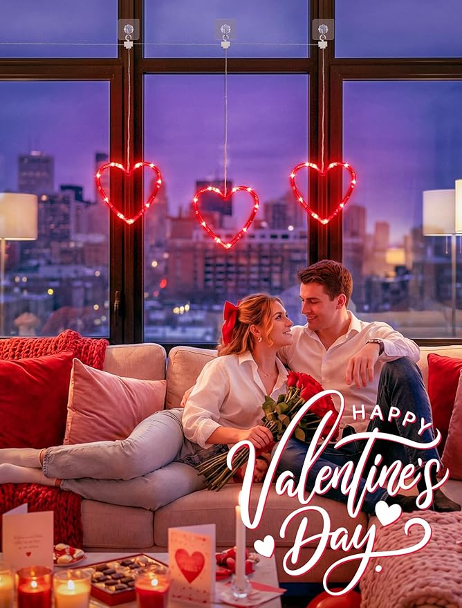 woohaha Valentine's Day Window Lights,3 30LED Heart Curtain String Lights USB/Battery Operated,Hanging Light for Indoor Outdoor Bedroom,Room,Wall,Party,Holiday,Wedding Decorations(Red)