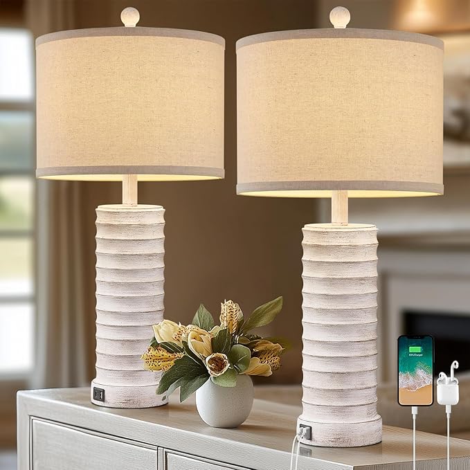 27.5'' Tall Farmhouse Table Lamps for Living Room Set of 2, Rustic Bedroom Lamps for Night Stands, Bedside Lamps with USB Ports for Bedroom Living Room, Nightstand Lamps for End Table, Hallway