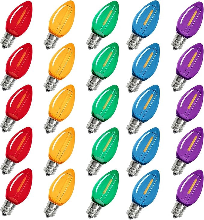Multicolor C7 Christmas Replacement LED Light Bulbs, E12 Chandelier Base Commercial Grade Holiday Bulbs, 5W 6W 7W Incandescent Equivalent, Colorful Plastic Bulbs for Christmas String Light - 25 Pack