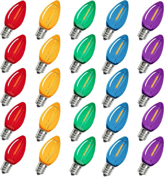 Multicolor C7 Christmas Replacement LED Light Bulbs, E12 Chandelier Base Commercial Grade Holiday Bulbs, 5W 6W 7W Incandescent Equivalent, Colorful Plastic Bulbs for Christmas String Light - 25 Pack