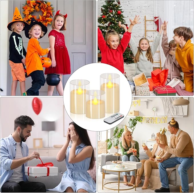 Flameless Candles 4" 5" 6" Set of 3 Acrylic Glass Pillars 3" Diameter Battery Operated Flickering Candles Include 8-Key Remote with Timer Function 400+ Hours (Pure White, 3 Pack)