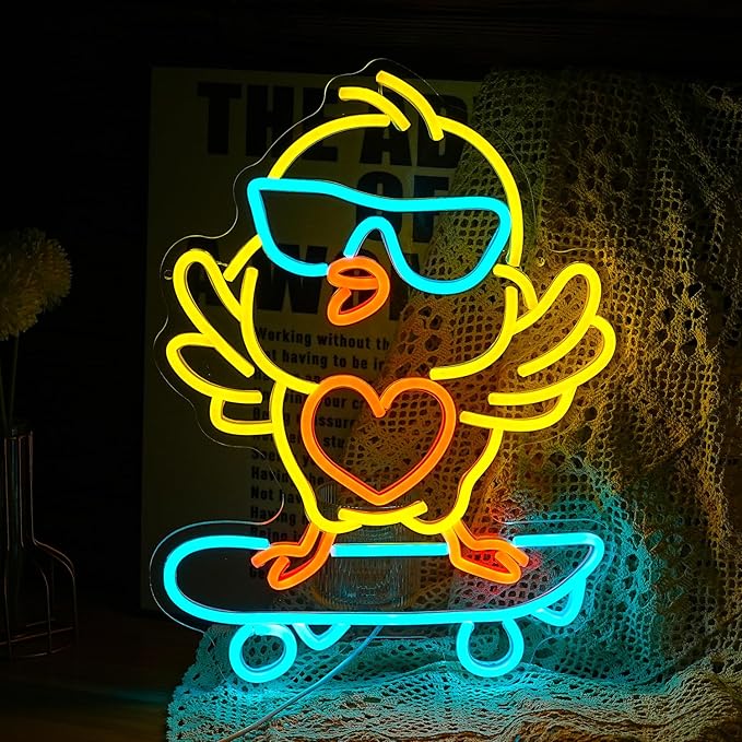 Skateboard Chick Neon Sign Dancing Chicken LED Neon Light for Wall Decor Dimmable USB Light Up Chick Sign for Bedroom Kids Room Birthday Gifts for Boy Girl (16.5”*12.6”)