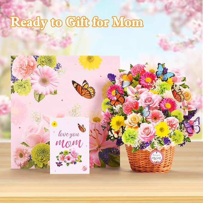 Pop Up Mother's Day Card with Music & Lights, 3D Butterfly Flower Basket Greeting Cards, Elegant Floral Happy Mothers Day Keepsake Gift with Envelope for Mother Wife from Son Daughter Husband