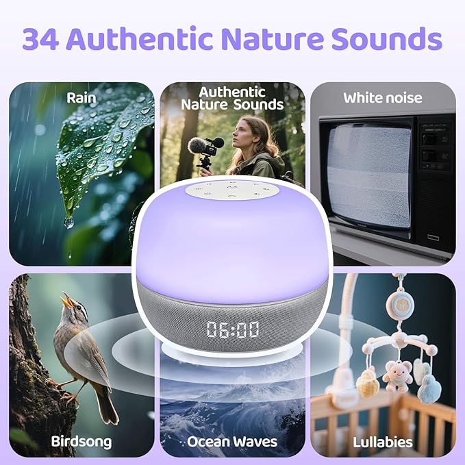 2025 Mom's Choice Awards | Sound Machine Baby White Noise Machine with Sunrise Alarm Clock & App Control – 360° RGB Night Light, Sleep Soother for Adults & Kids, Baby Essentials for Newborns