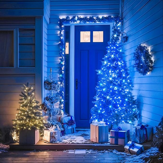 LAMPHOME 50 LED Blue Christmas Lights Outdoor, 16 FT Mini String Light with 9 Modes & 6 Hour Timer, Waterproof Battery Operated for Indoor Outdoor Patio Garden Party Tree Decoration