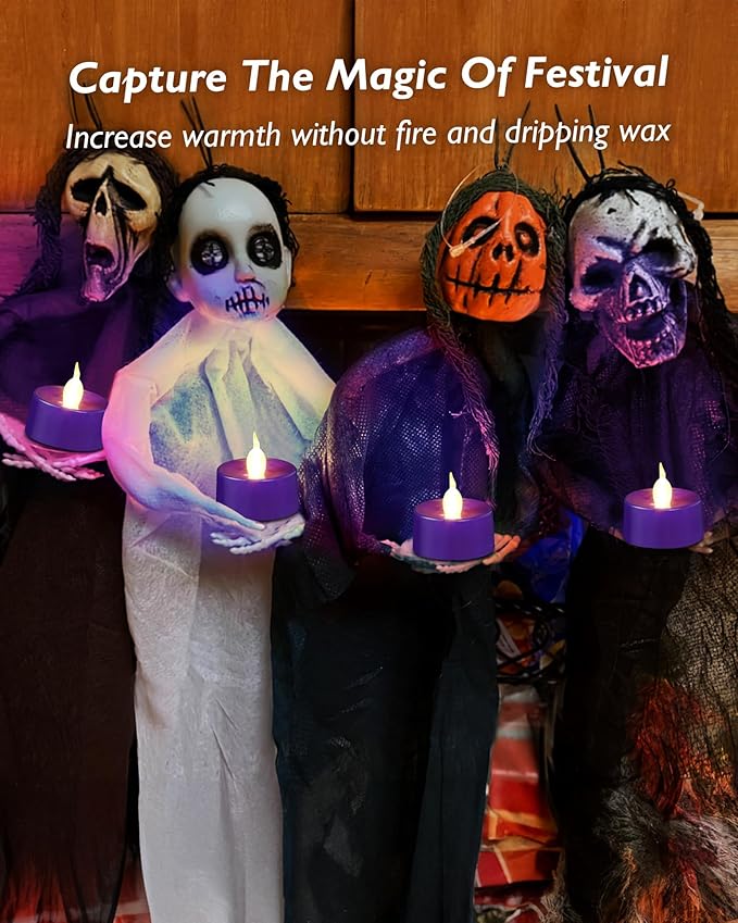 Purple LED Candles, 24 Pack Tea Lights Candles Battery Operated, Flameless Tealight Candle, Realistic Tea Lights for Halloween Christmas Party Decor Mardi Gras