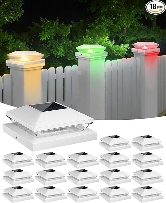 T-SUN Solar Post Cap Lights with Auto-Change Colors- for Wooden (4x4/6x6) & Vinyl (4x4/5x5) Posts | Weatherproof Outdoor Solar Fence Post Lights for Deck, Porch, Garden & Stairs(18-Pack,RGB)