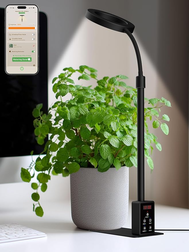 Smart Grow Lights for Indoor Plants, Plant Light with Auto-Timer, Full Spectrum LED Grow Light, Adjustable Height & Stepless Dimming,Plant Assistant Suitable for Most Plants (Black, 8W)
