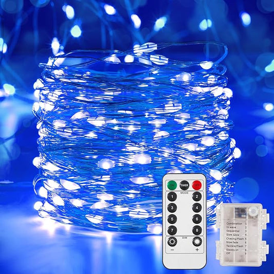 1 Pack 32.8 Ft. Battery Operated Outdoor String Lights with Remote & Timer, LED Blue Fairy Lights, Waterproof Twinkle Lights for Bedroom, Dorm, Mason Jar, Wedding, Party, Christmas