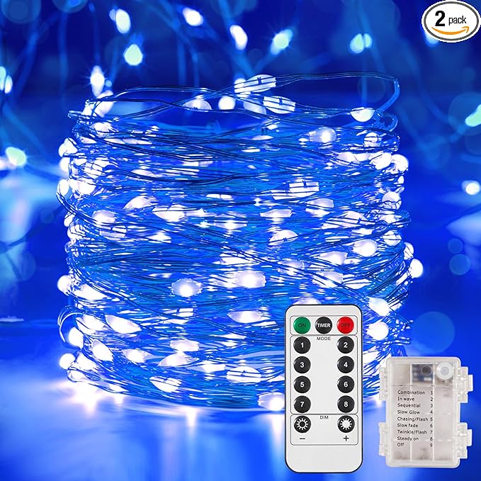 2 Pack 32.8 Ft. Battery Operated Outdoor String Lights with Remote & Timer, LED Blue Fairy Lights, Waterproof Twinkle Lights for Bedroom, Dorm, Mason Jar, Wedding, Party, Christmas