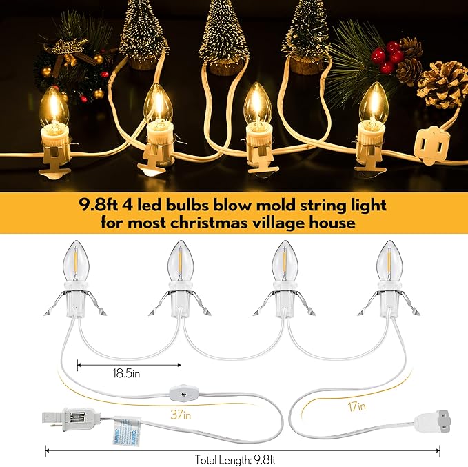 Meonum 4 Pack Accessory Cord with 4 LED Bulbs, End to End Connected Blow Mold Light Cord, 9.8 Feet Lamp Kit with On/Off Switch Plugs for Ceramic, Craft Halloween Christmas Village Decor