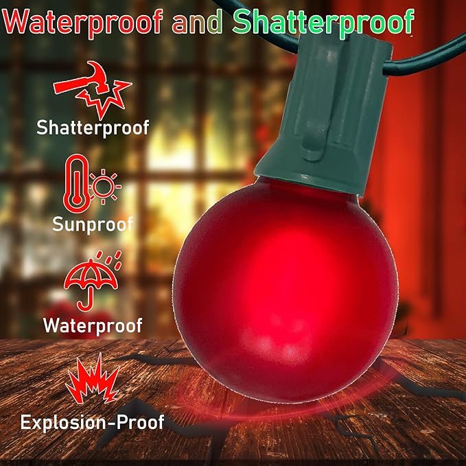 50Ft Outdoor Frosted Red and Green Christmas Lights,G40 Globe Patio Christmas Lights with 25 Red and Green Bulbs(2 Spare),Vintage Hanging Xmas for Tree Garden Porches Holiday