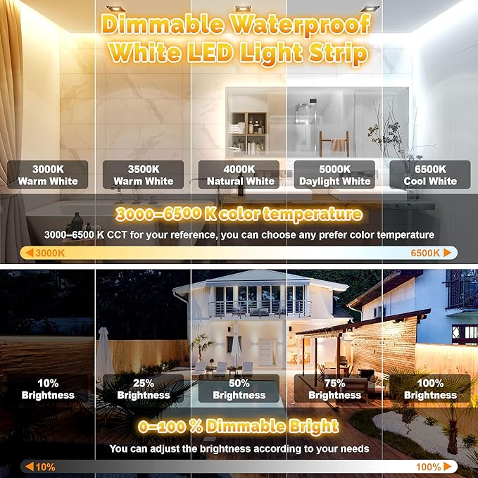 65.6FT Outdoor LED Strip Lights Waterproof IP67, Dimmable 3000K-6500K Warm White LED Rope Lights Outdoor Waterproof with Remote & APP, 24v Adhesive Exterior Lighting for Patio, Deck, Gazebo