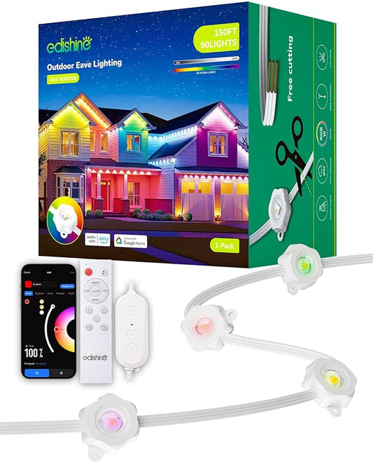 EDISHINE 150ft Cuttable Outdoor Permanent Christmas Lights Pro, 90 LED Smart RGB+IC+Warm White House Eave Light, App/Remote, 111 Scene Modes IP67 Waterproof for Daily Decor, Alexa Google Enable