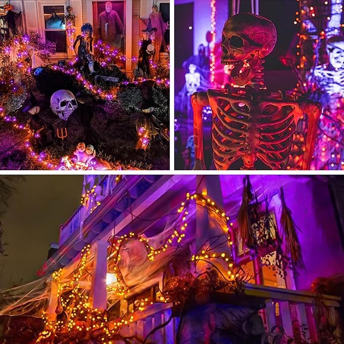 Orange Purple Halloween String Lights Outdoor 100LED Battery Operated Fairy Lights with Waterproof Remote Timer String Lights for Garden Party Holiday Halloween Décor