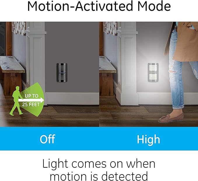 GE Enbrighten LED Motion Sensor Night Light, Plug-in, 40 Lumens, Motion-Select with 25ft Detection, Dusk-to-Dawn, Brushed Nickel Louver – 37299 (1 Pack)