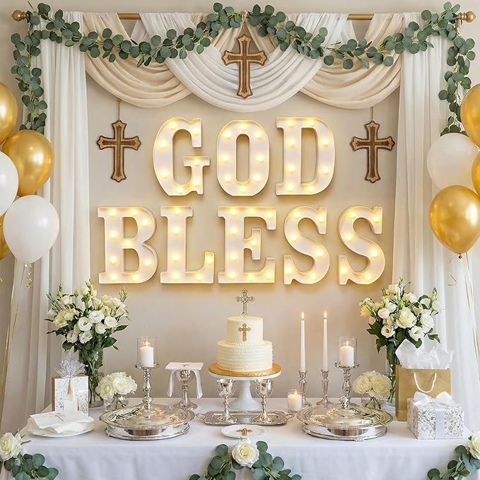 8 Pcs God Bless LED Letter Lights Sign God Bless Baptism Decorations Battery Powered Primera Comunion First Holy Communion Decorations for Baptism Party