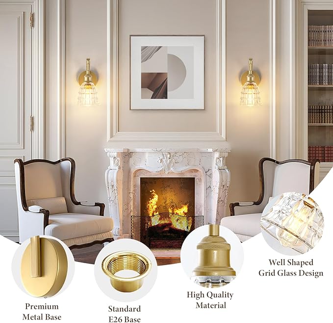 Gold Wall Sconces, Modern Brushed Golld Sconce Wall Lighting, Vintage Glass Light Fixtures, Indoor Wall Lamps for Bathroom Vanity Mirror Living Room Bedroom Kitchen Hallway Stairway E26 Hardwire