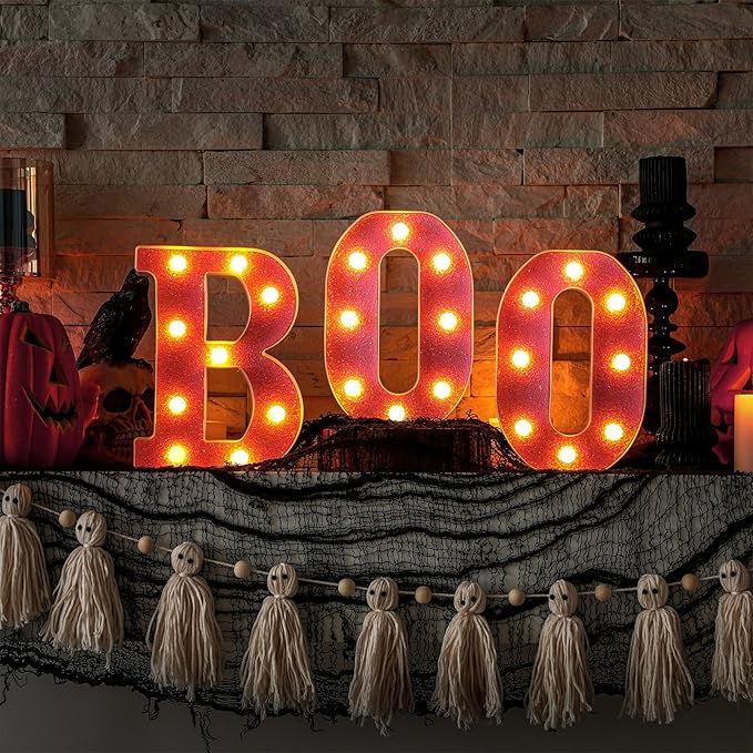 Baquler 3 Pcs Halloween Boo Decorations Light up Boo Sign Marquee LED Letters Lights Decor for Halloween Outdoor Home Room Kitchen Fireplace Tabletop Party Supplies (Pink)