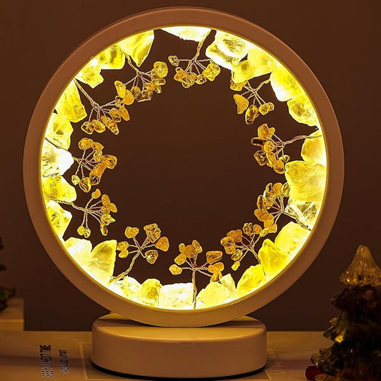 Runyangshi Natural Crystal Citrine Small Tree Round White Frame Tri-Color Ambient Light Home Decoration Night Light Healing Decor Gift