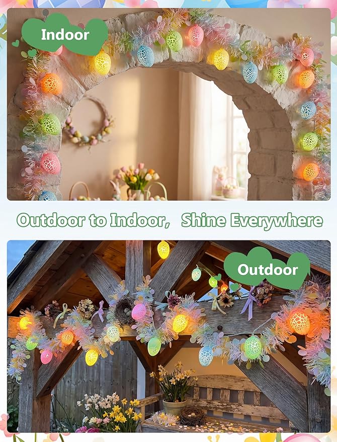 8.5Ft Easter Garland with Lights, Plug in Easter Egg String Lights & Pastel Tinsel Set (White Wire), Connectable Waterproof Indoor Outdoor Decor for Home Mantle Bedroom Party