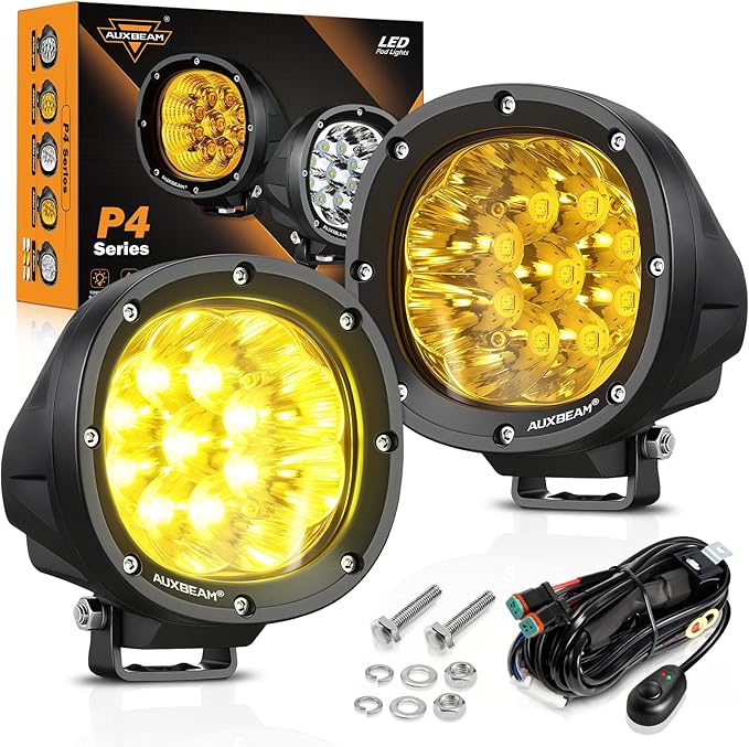 Auxbeam 4 Inch 90W Amber LED Fog Lights, 9000LM Super Bright Round Offroad Driving Pods, P4 Series Spot Beam Bumper Ditch Lights for Trucks, SUVs, Jeep Wrangler, ATV/UTV, Motorcycle, 2-Pack
