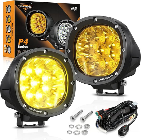 Auxbeam 4 Inch 90W Amber LED Fog Lights, 9000LM Super Bright Round Offroad Driving Pods, P4 Series Spot Beam Bumper Ditch Lights for Trucks, SUVs, Jeep Wrangler, ATV/UTV, Motorcycle, 2-Pack