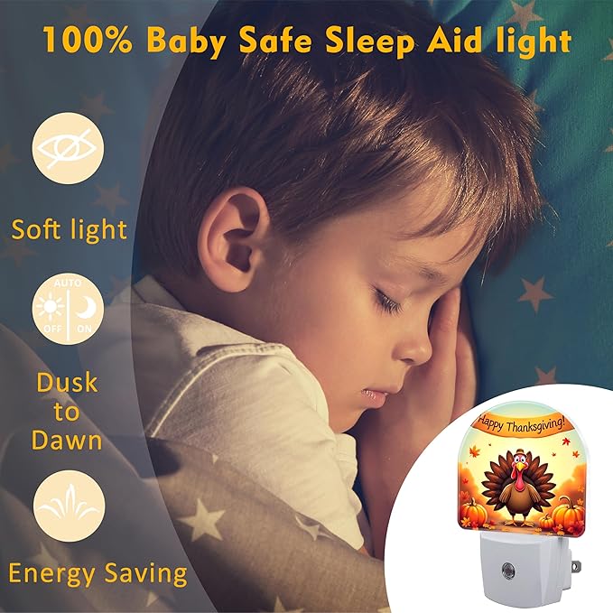 Thanksgiving Turkey Night Light Plug into Wall, Fall Autumn Pumpkins Harvest Dusk to Dawn Night Light,0.5w Energy Saving Sleep Friendly Nightlights for Kids Boys Girls Home Decor