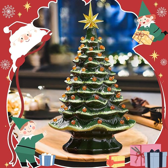 Boao 100 Pcs Ceramic Christmas Tree Bulbs with 5 Pcs Star Topper Light Ornaments Round and Heptagram Christmas Replacement Lights Bulbs for Village Xmas Tree Topper Decorations(Orange)
