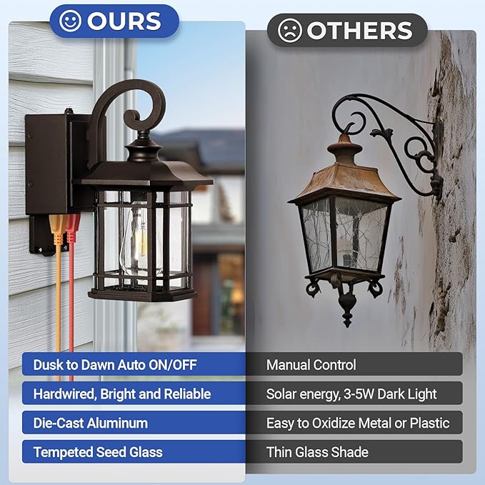 Dusk to Dawn Outdoor Wall Lights with GFCI Outlet, Oil-Rubbed Bronze Exterior Lights for House with Seeded Glass, Anti-Rust Outdoor Light Fixture, Waterproof Front Porch Light for Yard, Patio