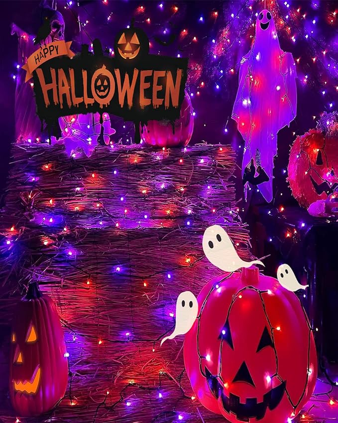 Orange Purple Solar Halloween Lights Outdoor Waterproof Halloween Decorations Outdoor Lights100 LED with 8 Modes for Party Patio Garden Tree Yard