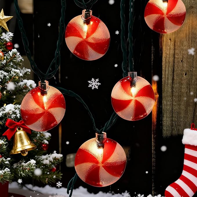 8.5Ft Christmas Candy Light, Christmas Decorations String Lights with 10 Red White Peppermint Bulbs, Plug in Fairy Lights for Indoor Party Kid's Room Xmas Tree Patio Bedroom Garden Decor