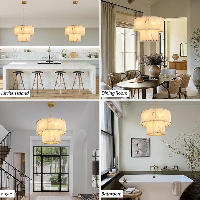 Alabaster Chandelier D24in Spanish Natural Marble Round Chandeliers,2 Tiers Alabaster Pendant Light,Modern Dining Room Chandelier, Dimmable Gold Chandeliers for Bedroom,Foyer,Bathroom,Entryway