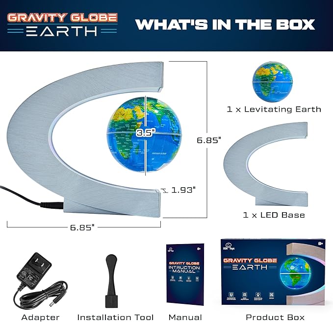 USA Toyz Gravity Globe Earth Ball and C Frame Set - Magnetic Levitating Lamp with Multicolor LED Lights, Spinning Rotating Floating Globe for Desk, Stand Compatible Gravity Planets