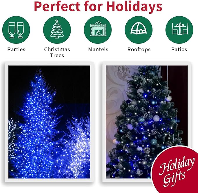 LAMPHOME 99ft Christmas Decorative Mini Lights, 300 LED Transparent Wire Fairy Starry String Light Plug in, 16Lighting Modes for Indoor Outdoor Xmas Tree Wedding Party Decoration (White and Blue)