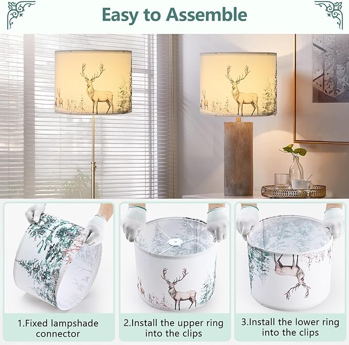 13Inch Lamp Shade, Green Forest Lamp Shades for Christmas, HD Printing Deer Lampshade, Drum Lamp Shades fit with Spider/Uno, Lamp Shades for Floor Lamps, Table Lamps(1PCS, Easy Assembly)