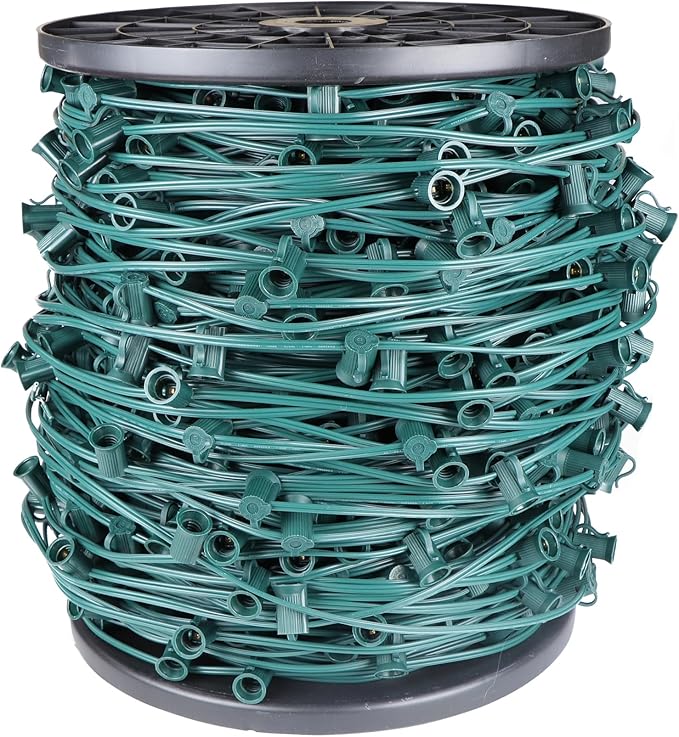 1000FT C7 Light String Christmas Stringer, E12 Christmas Sockets 12" Spacing, C7 Stringer Set Green Outdoor String Light for Wedding Patio Event Lighting Decor, Green Wire